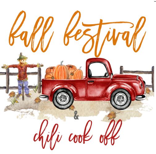  graphic of pick up truck, baskets of pumpkins and fall leaves to advertise Chili Cook Off
